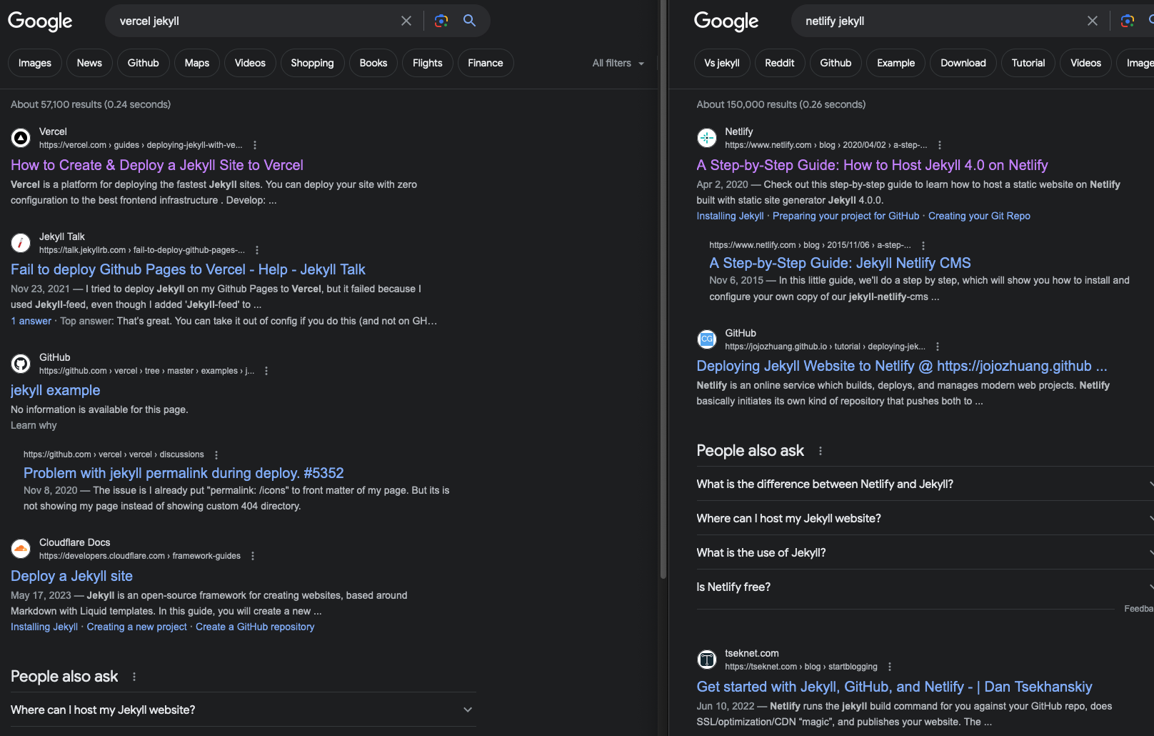 A comparison of search results for "netlify jekyll" and "vercel jekyll" shows more content made by netlify than vercel